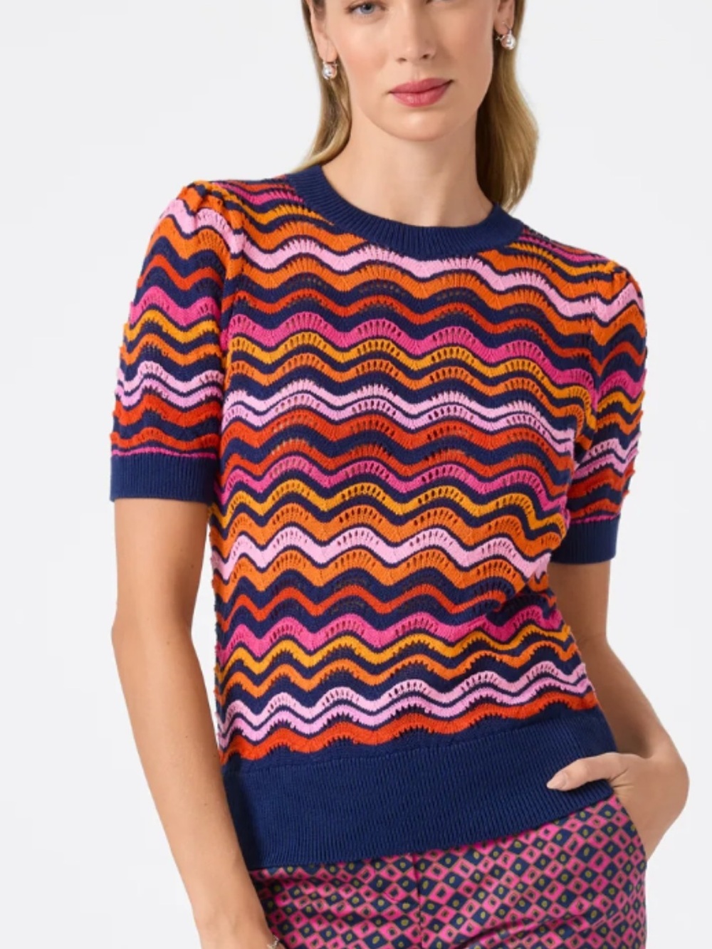 ISO Trina Turk Marbella short sleeve Navy Pink Orange Fuchsia Wave-Knit sweater